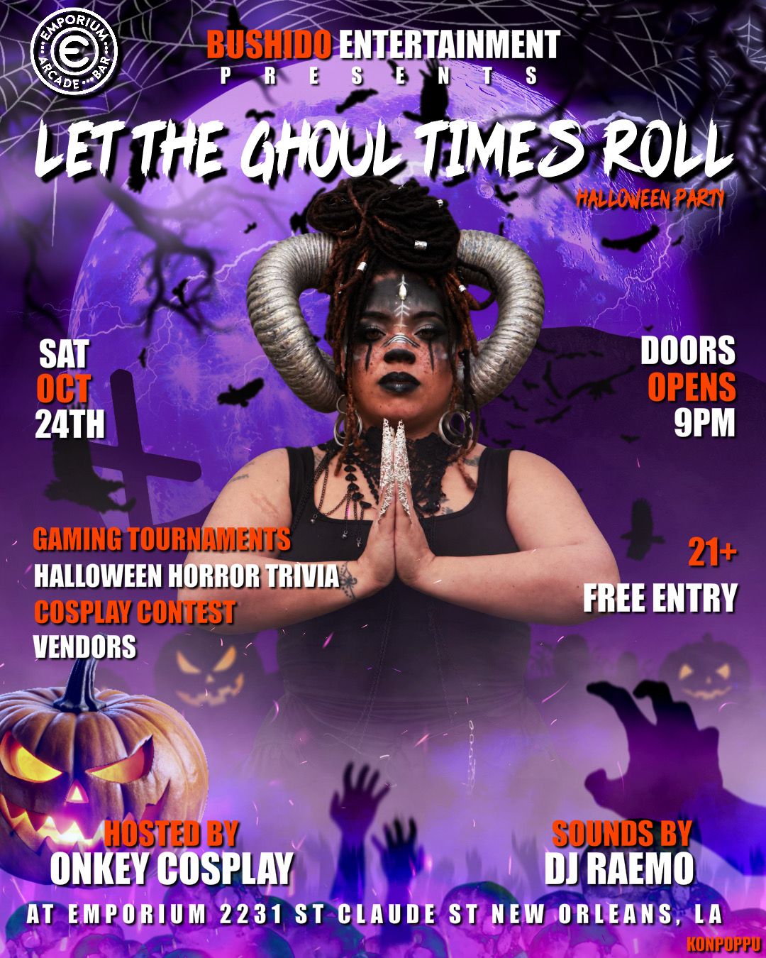 Let the Ghoul Times Roll Halloween party flyer: Saturday, Oct 24, 2026 at Emporium Arcade Bar, New Orleans