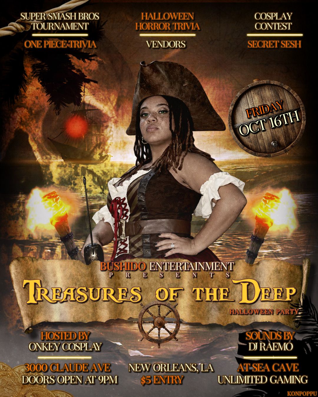 Treasures of the Deep Halloween party flyer: Friday, Oct 16, 2026 at Sea Cave, New Orleans