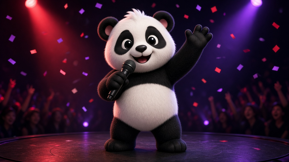 Bushi Panda mascot holding a microphone